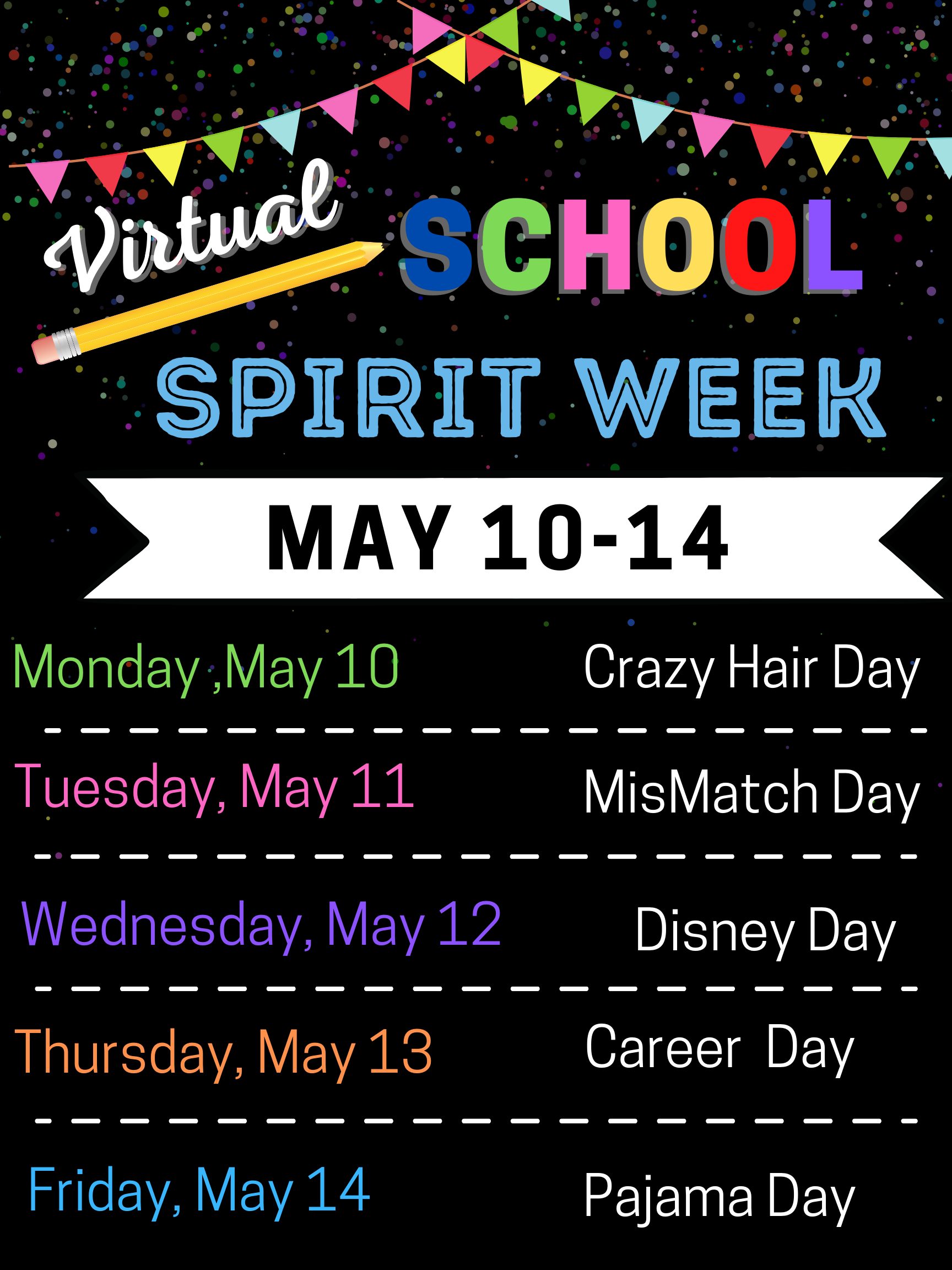 iLEAD Online School Spirit Week: Monday Crazy Hair Day, Tuesday Mismatch Day, Wednesday Disney Day, Thursday Career Day, Friday PJs Day