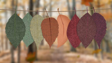 image of different color fall leaves hanging from a piece of yarn.