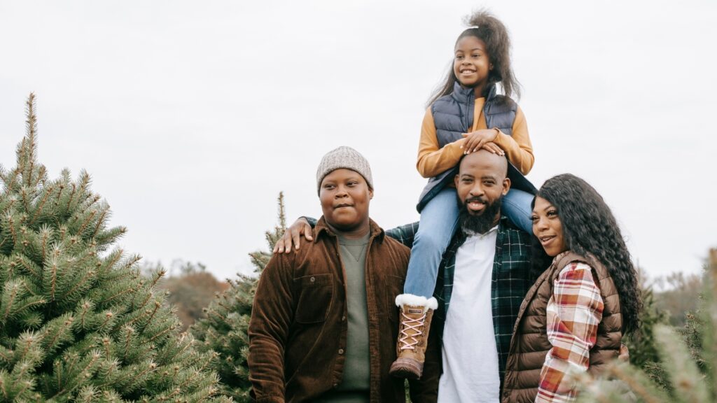 happy family Christmas trees winter